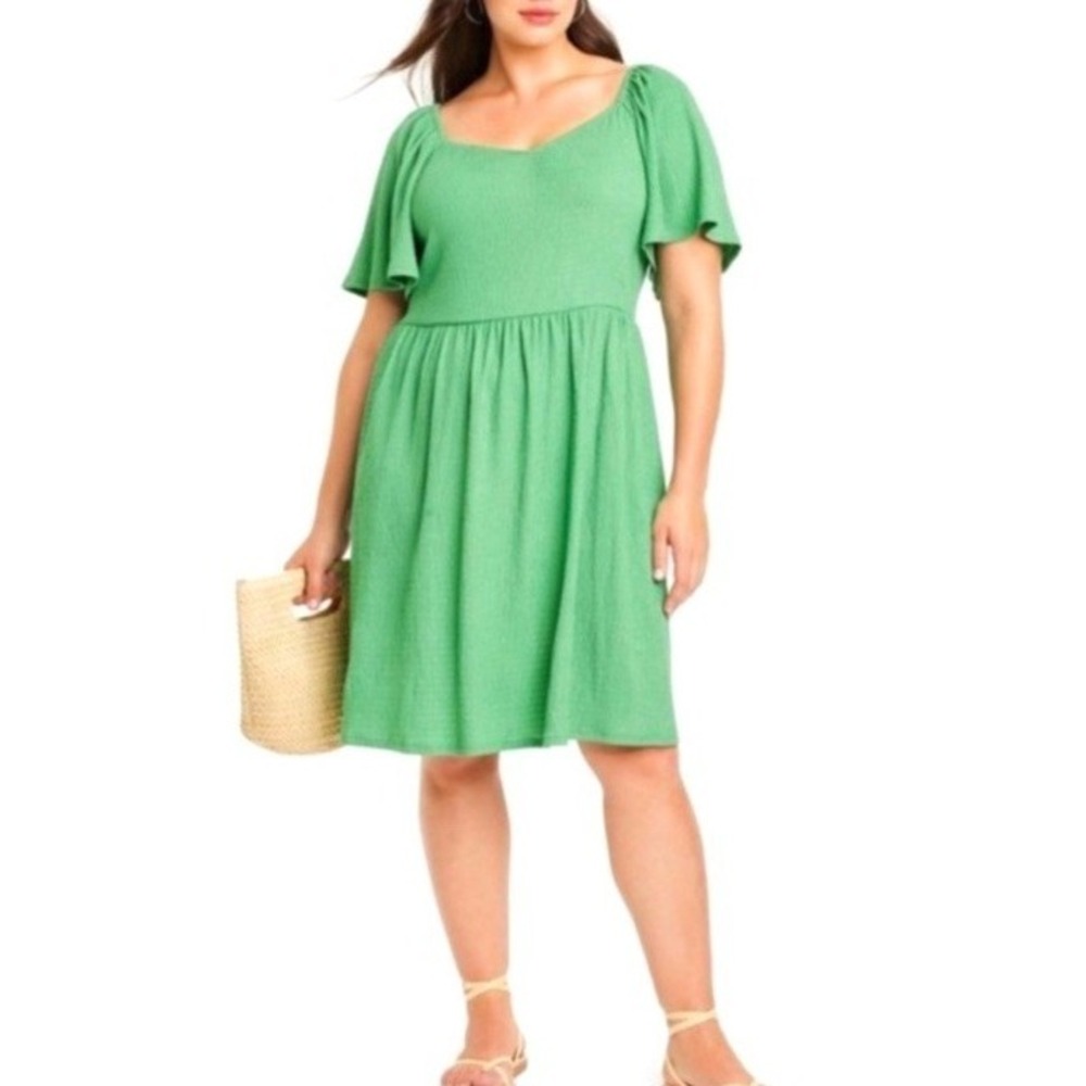Ava & Viv Green Textured Flutter Sleeve Babydoll Dress Size 1X